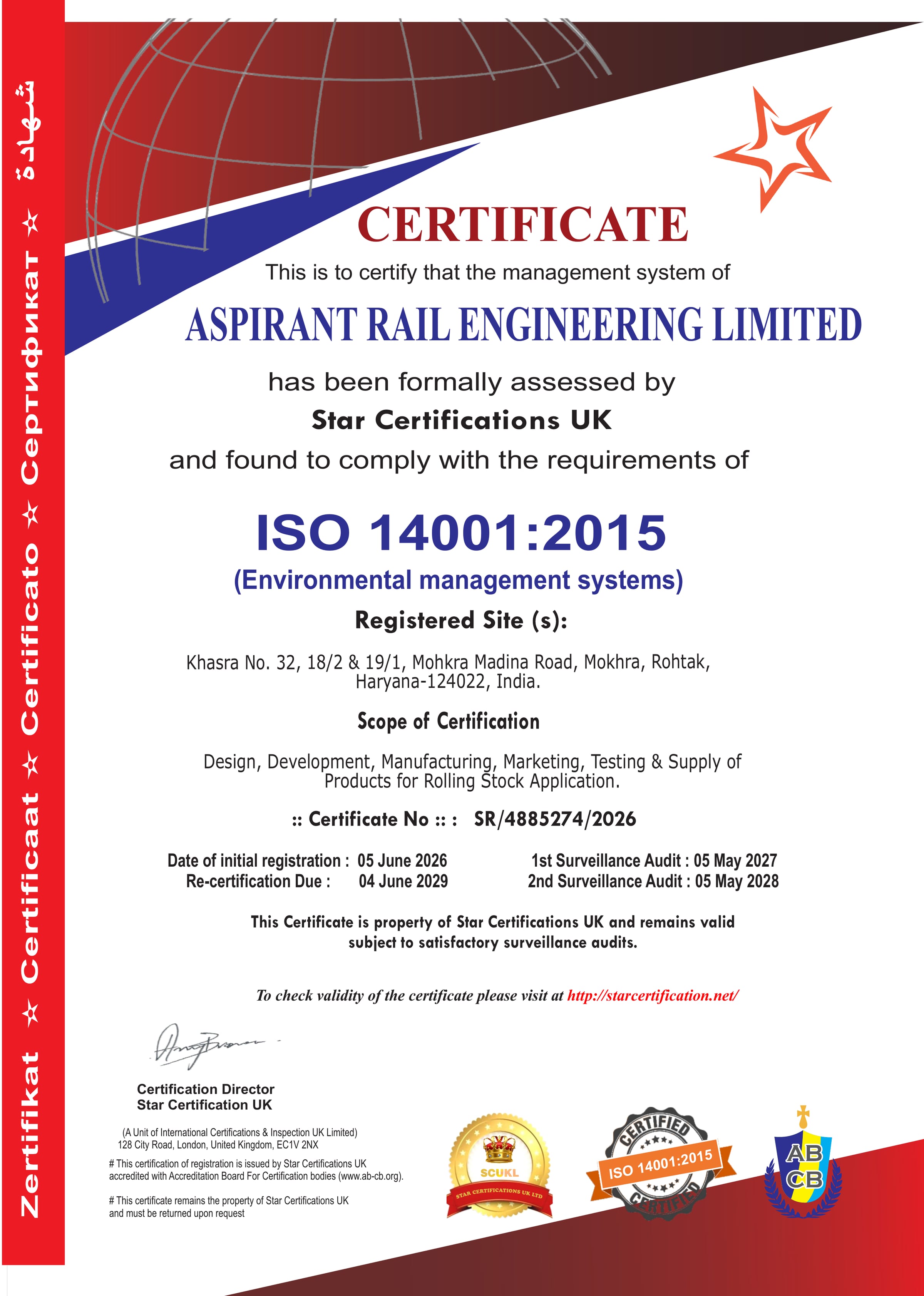 ISO 14001:2015 certificate issued to Aspirant Rail Engineering Ltd, certificate number SR/4885274/2026