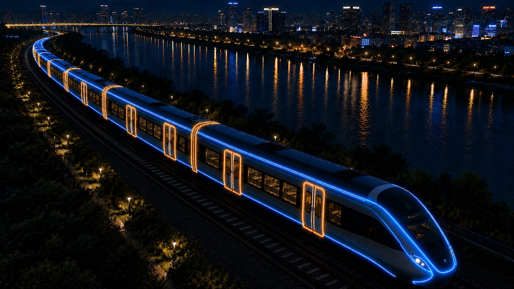 Night view of a passenger train on a riverside line, city skyline lit behind it